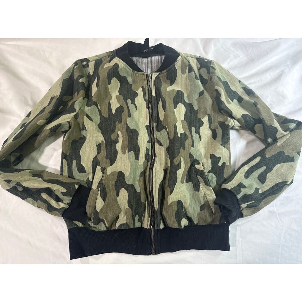 Agnes & Dora Womens Small Camo Bomber Jacket Green Black Full Zip Casual